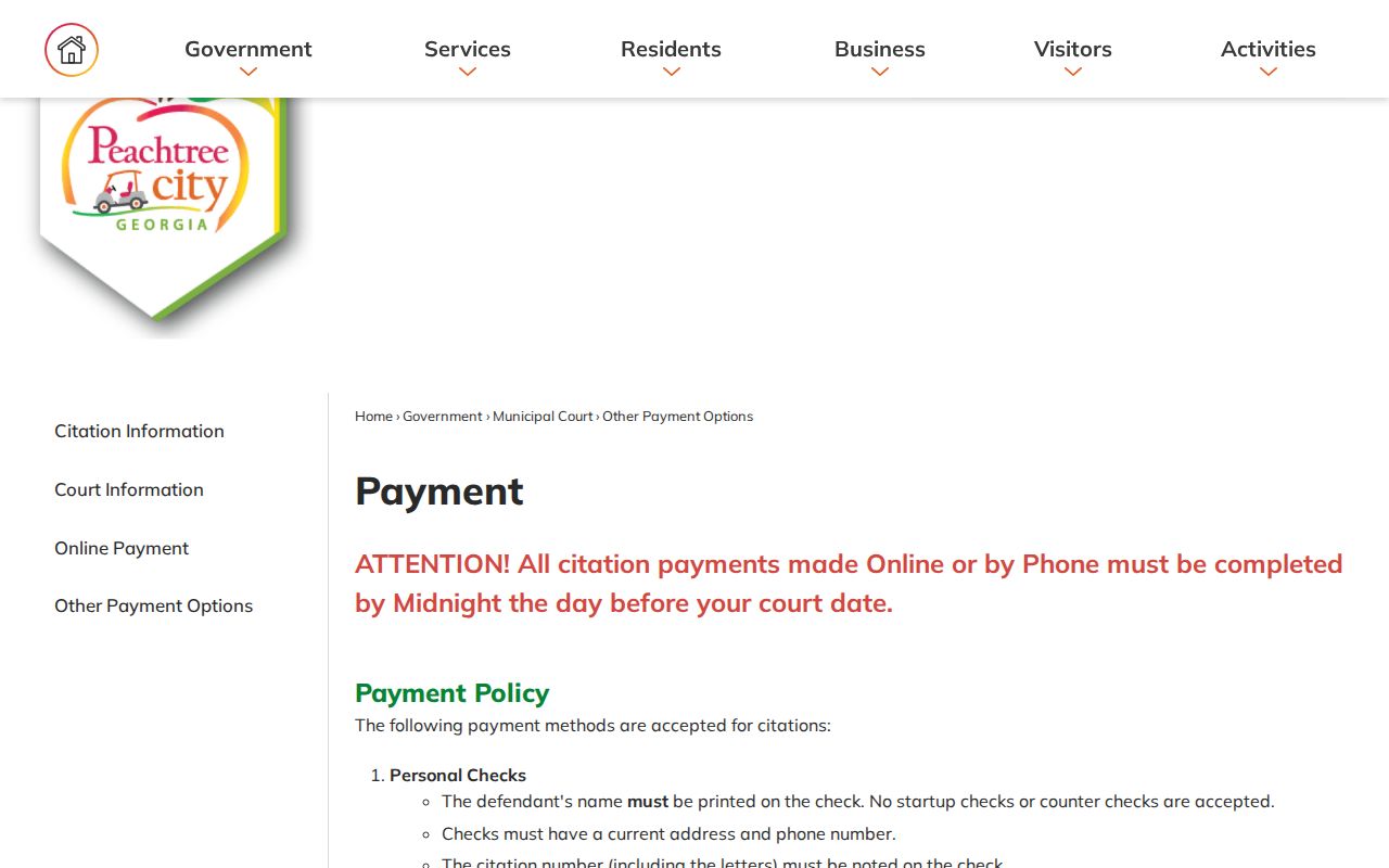 Peachtree City warrant payment methods and missed court instructions